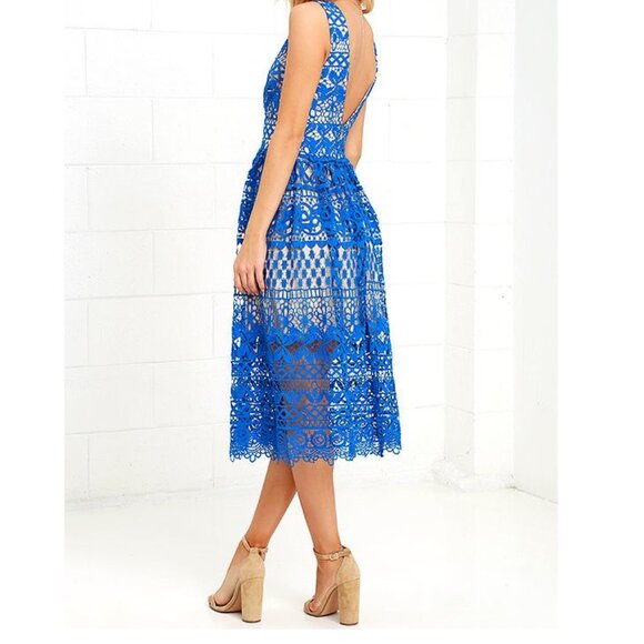 Lulus Blue and Beige Lace Midi Dress - Picture 3 of 16
